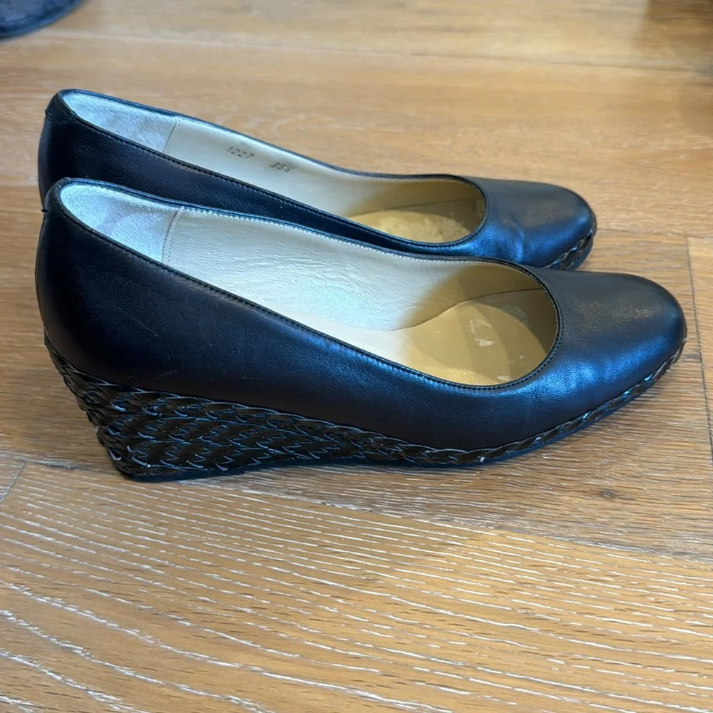 Bruno Magli black leather wedges with basket wave heel